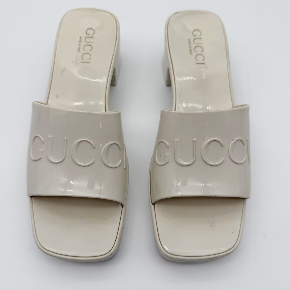 Gucci Sandals White Rubber Logo PVC Glossy Platform Mule Slide Size 39 Plastique